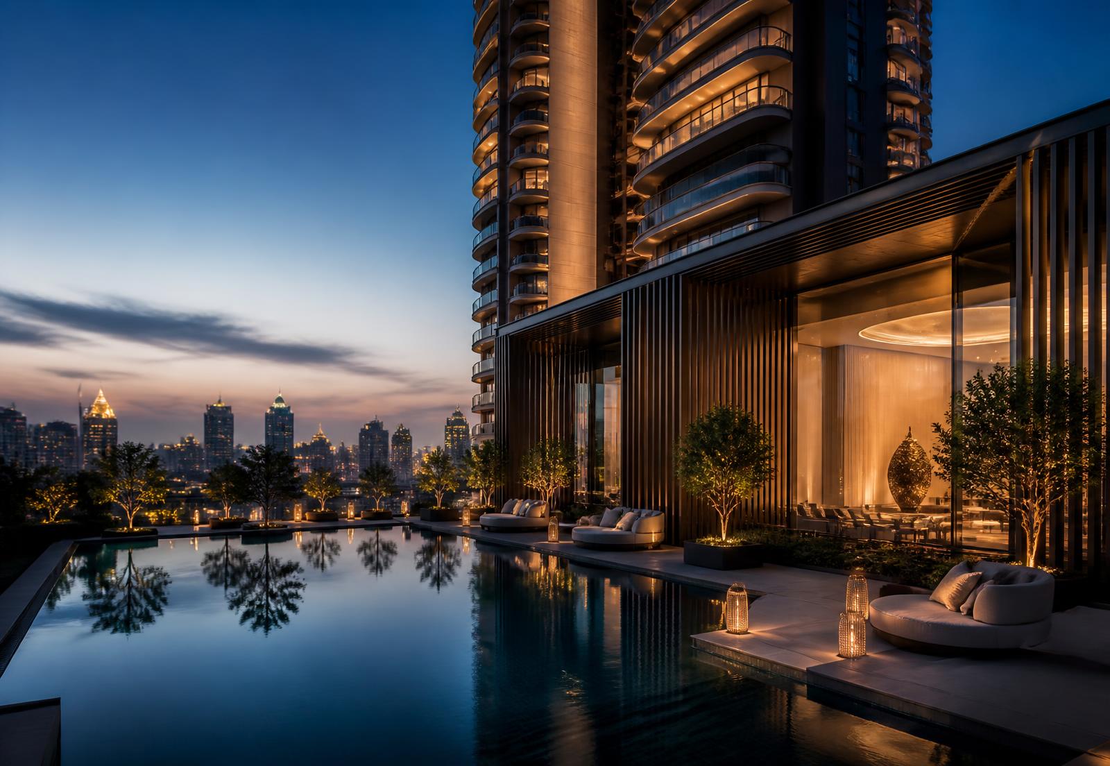 Hiranandani Pune luxury tower at dusk with reflecting pool